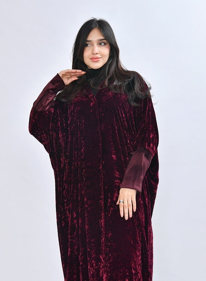 HAWRAA ABAYA Elegant quarter-bisht–style abaya crafted from luxurious velvet fabric in a rich burgundy color - Image 1